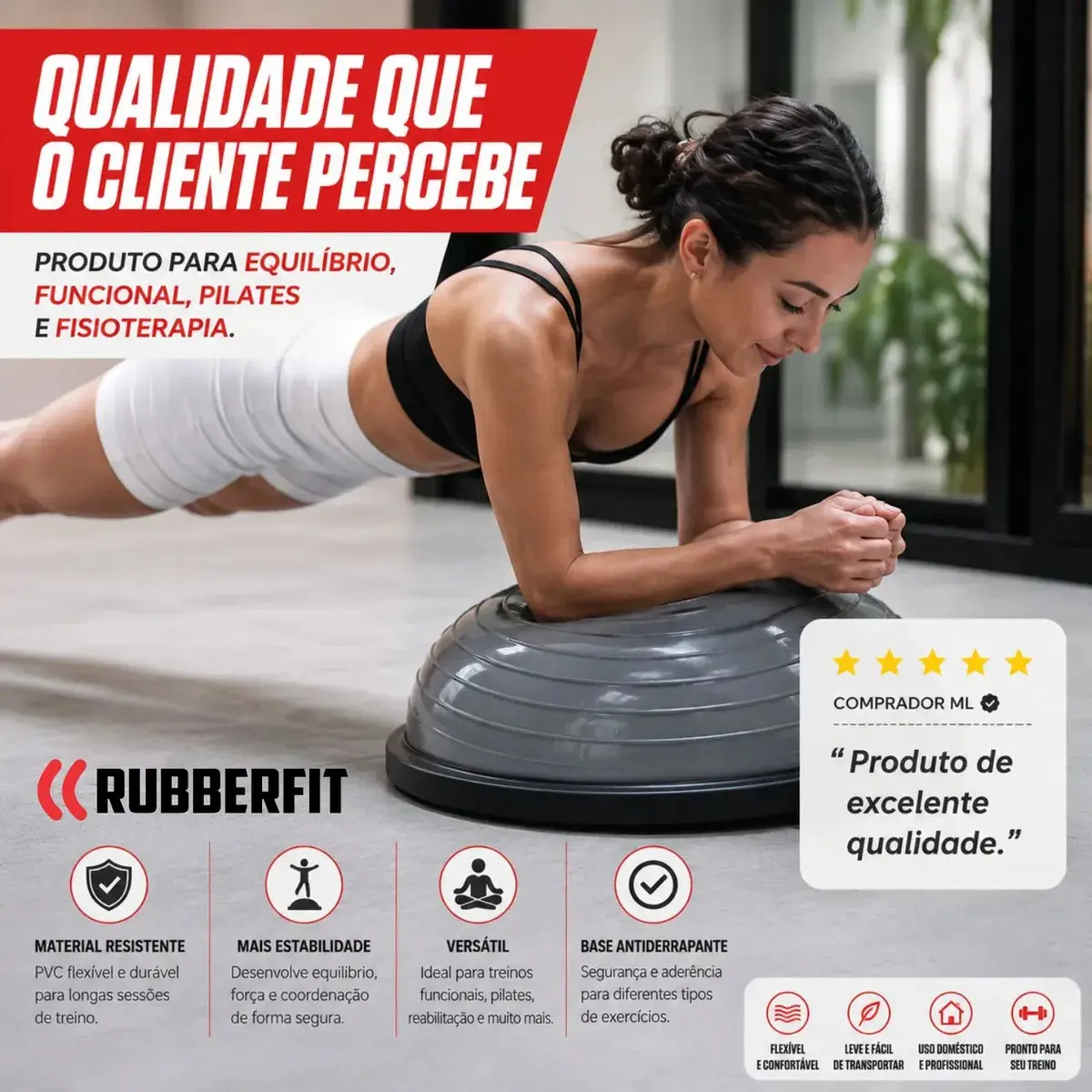 Meia Bola Suiça Bosu Balance Dome Ball Pilates Yoga Inflador Cor Cinza thumbnail 4