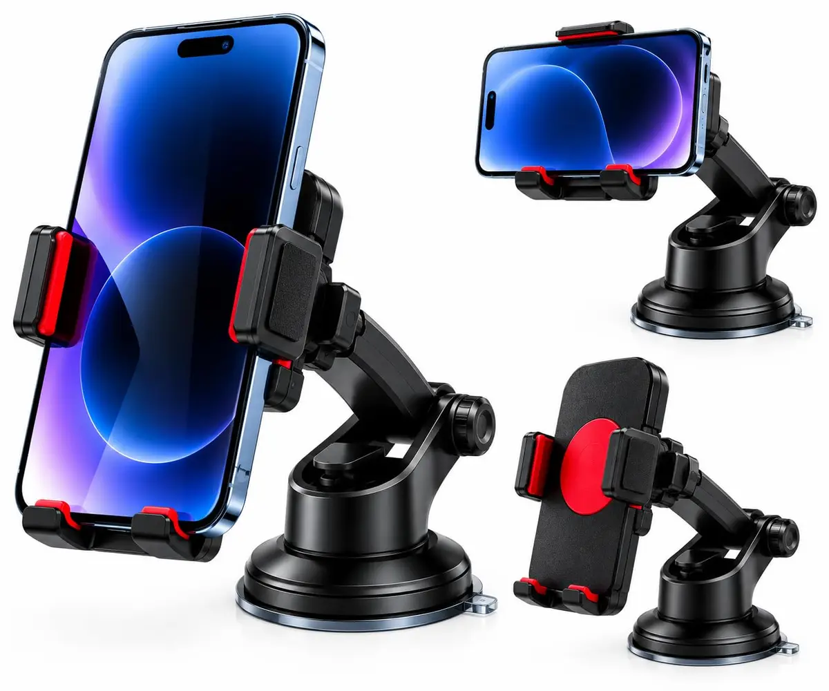 Suporte Veicular para Celular com Ventosa — Fixação no Painel ou Para-Brisa, Giro 360° e Braços Ajustáveis para Celulares de 3 a 7 Polegadas, Fixação firme