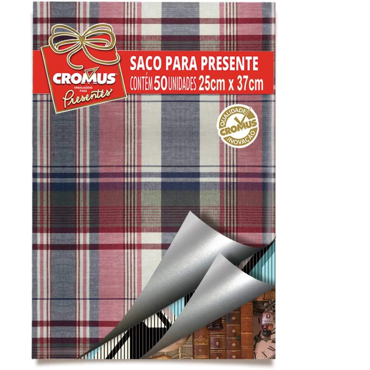 Saco Para Presente Cromus Embalagens Com Acabamento Metalizado E Perolizado Na Estampa Masculino Sortido - Tamanho 25x37 Cm, Pacote com 50 Unidades