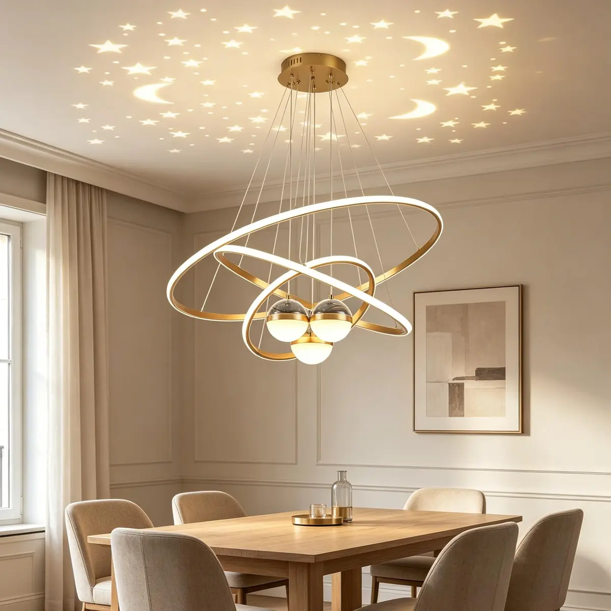 Lustre LED Dimerizável com Projeção de Galáxia e 3 Anéis | Luminária Pendente para Sala de Jantar sobre Mesa, Ilha de Cozinha, Sala de Estar e Quarto com 3 Cores (Ouro)