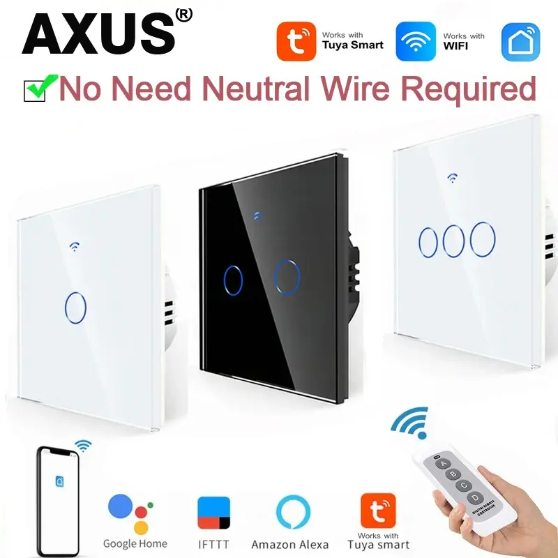 Interruptores de Luz Inteligentes WiFi da UE Sem Fio Neutro, Interruptor Touch RF433, Compatível com o Aplicativo Tuya Smart Life, Suporte para Alexa e Google Home