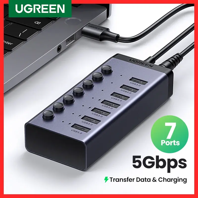 UGREEN USB C Hub Divisor USB3.0 de 7 portas com interruptor OFF/ON individual Indicador LED para desktop PC laptop Extensor de portas USB - 1