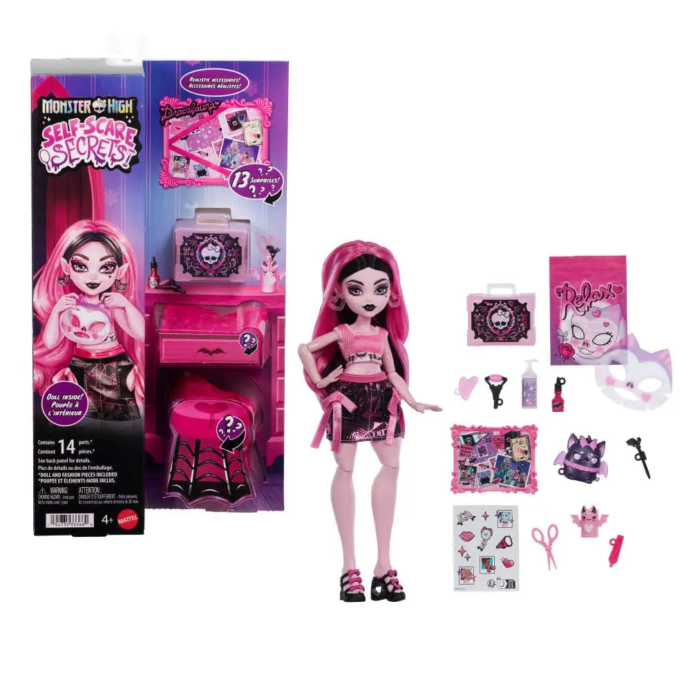 Boneca Monster High Draculaura Self-Scare Secrets Mattel 4 Anos ou Mais | Conjunto de boneca vampiro e acessórios com 13 surpresas realistas, rolo facial funcional e mood board personalizável, JHK43