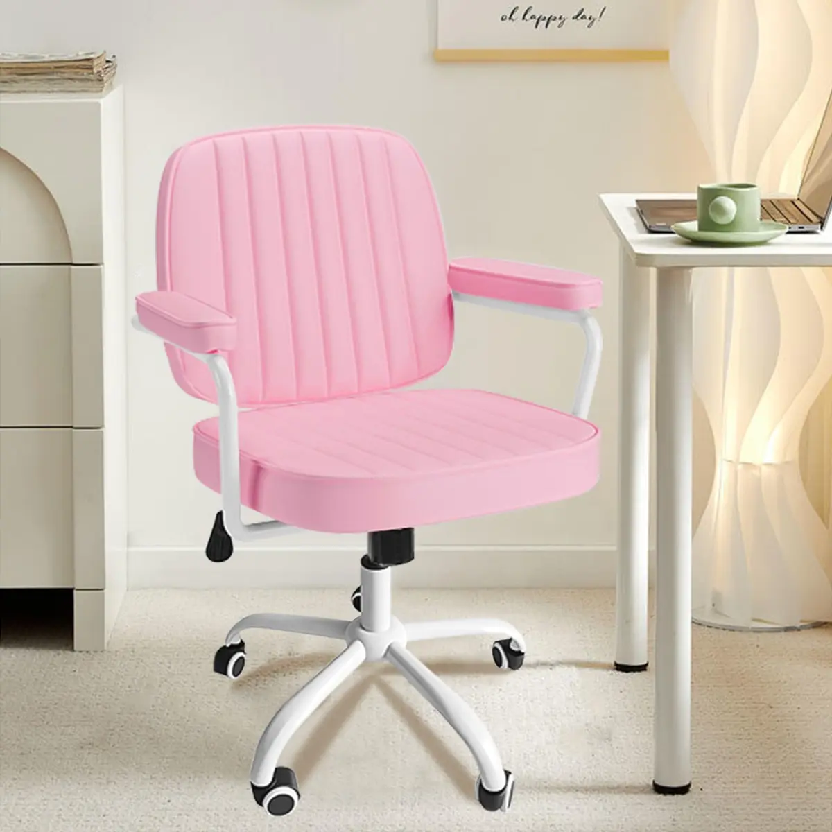 Cadeira de Descanso Ajustável com Apoio de Braços, Assento Confortável, Base Giratória com Rodas FU, Disponível em 6 Cores (Rosa)