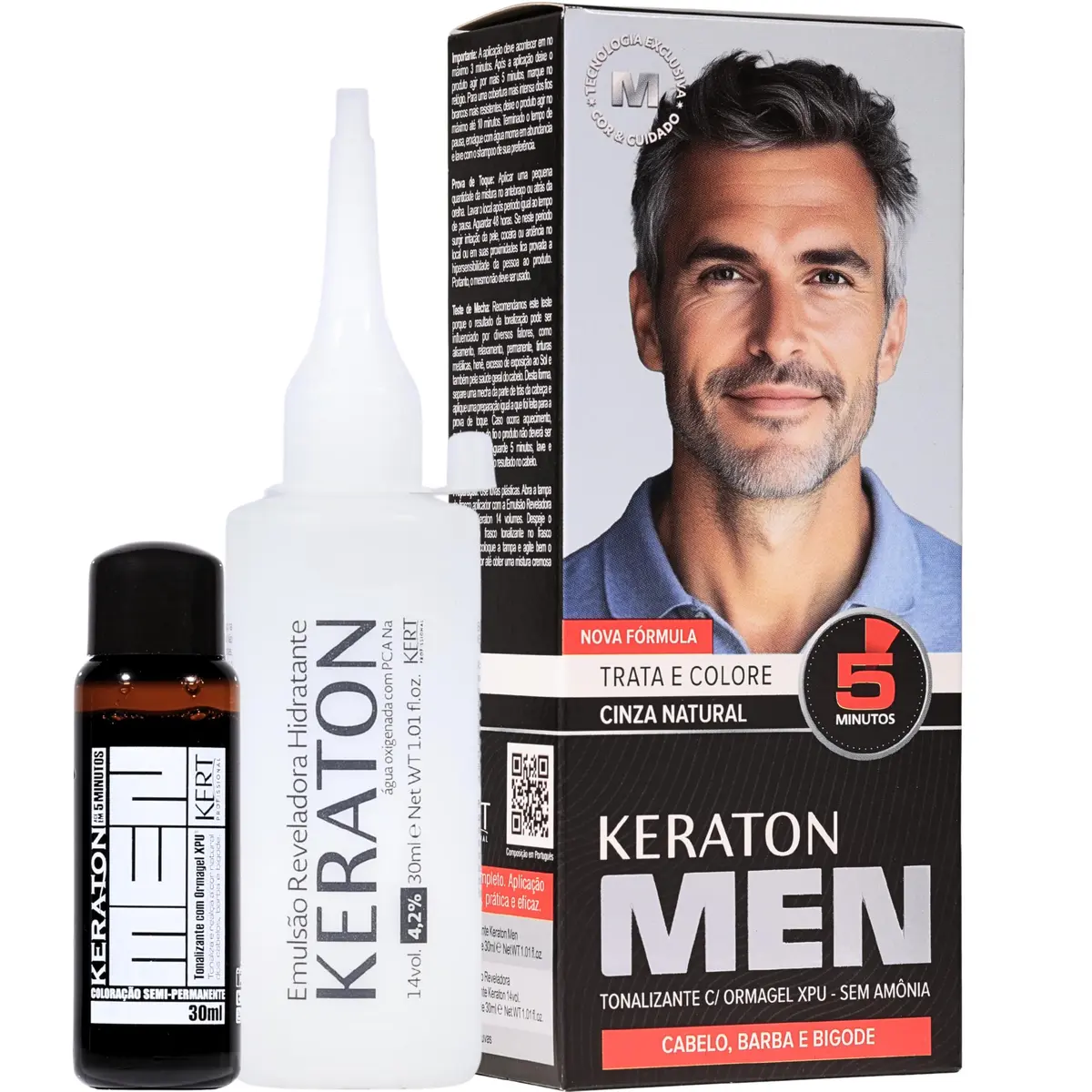 Tonalizante em Creme Keraton Men, Cinza Natural, 30ml | Ajuda a disfarçar e suavizar os fios brancos indesejados