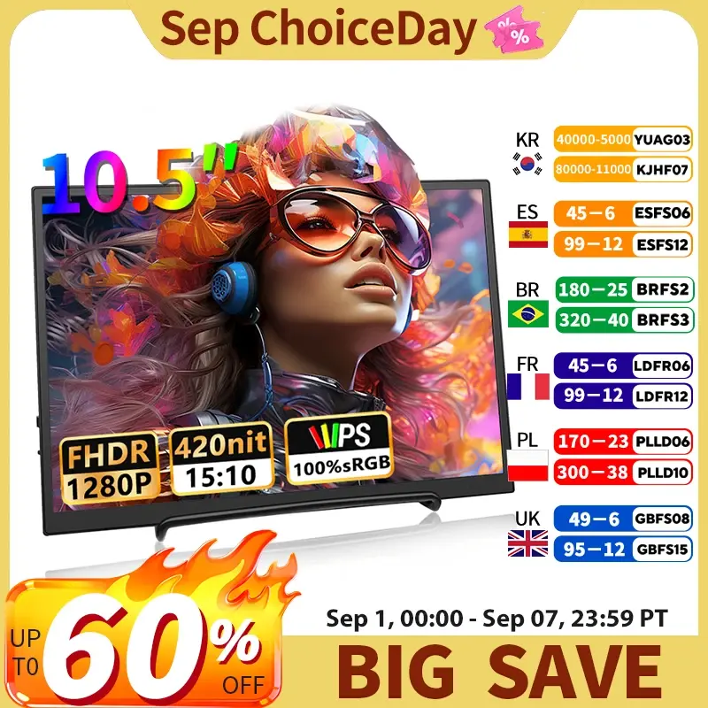 Monitor portátil de 10,5 polegadas 1280P 100% SRGB 420 Cd/m2 com alto-falantes duplos e interface Mini HDMI para laptop, PC, console de jogos PS4.
