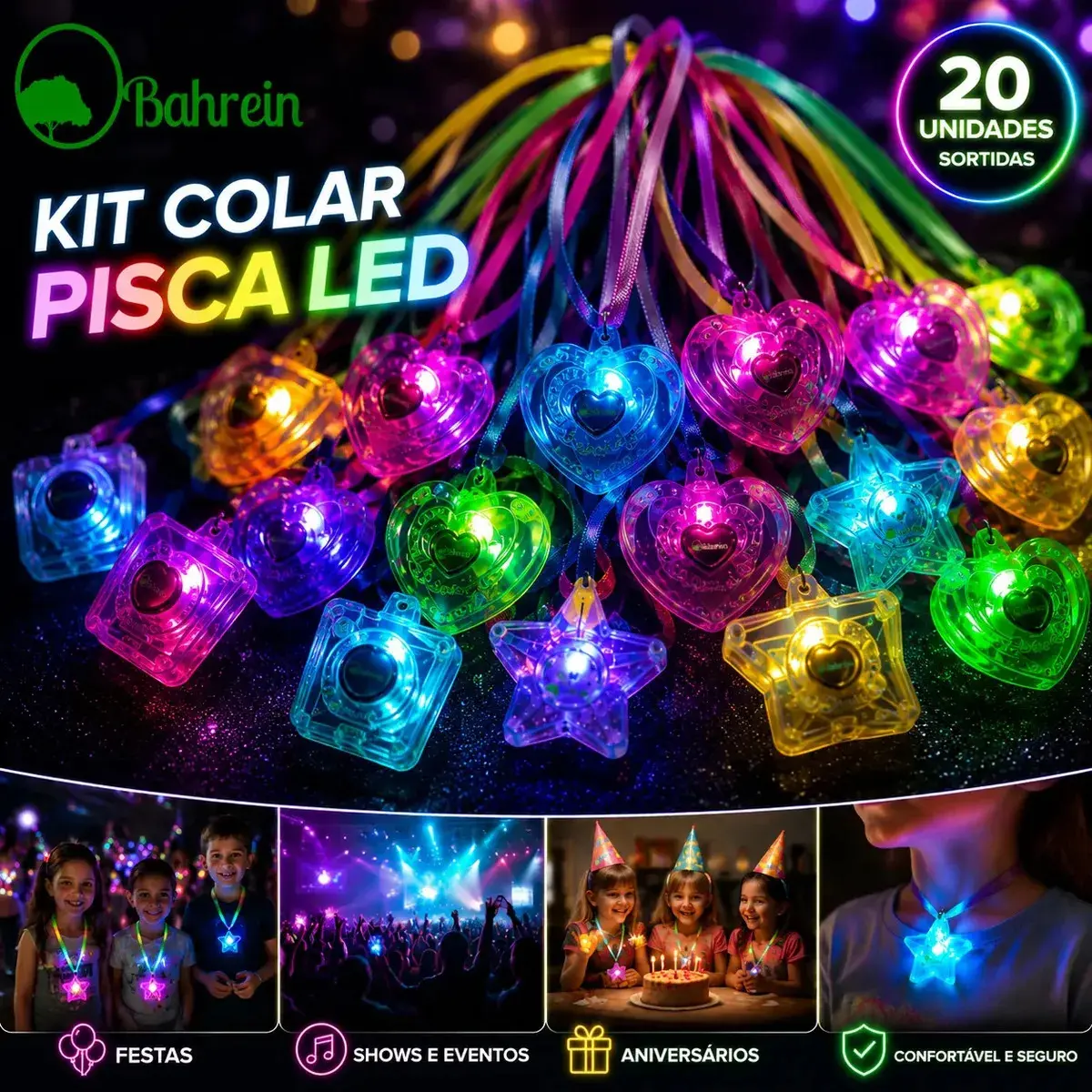 Kit com 20 Colares Luminosos De LED Que Pisca Para Festa Atacado Lembrancinha Aniversario Casamento Baladinha Bahrein