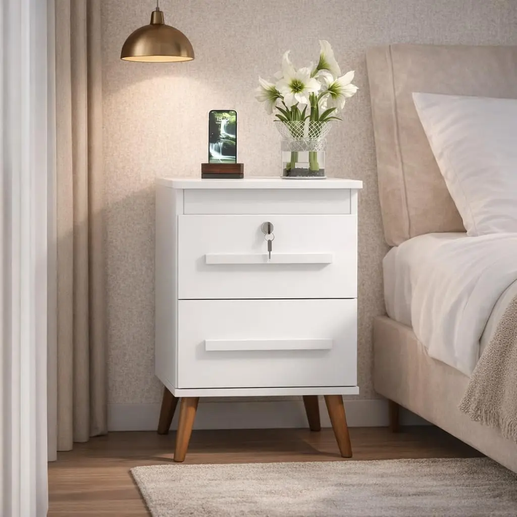Mesa de Cabeceira com 2 Gavetas Retrô para Quarto com Chave e Pés Elevados Organizador Lateral Funcional(Branco) - 1