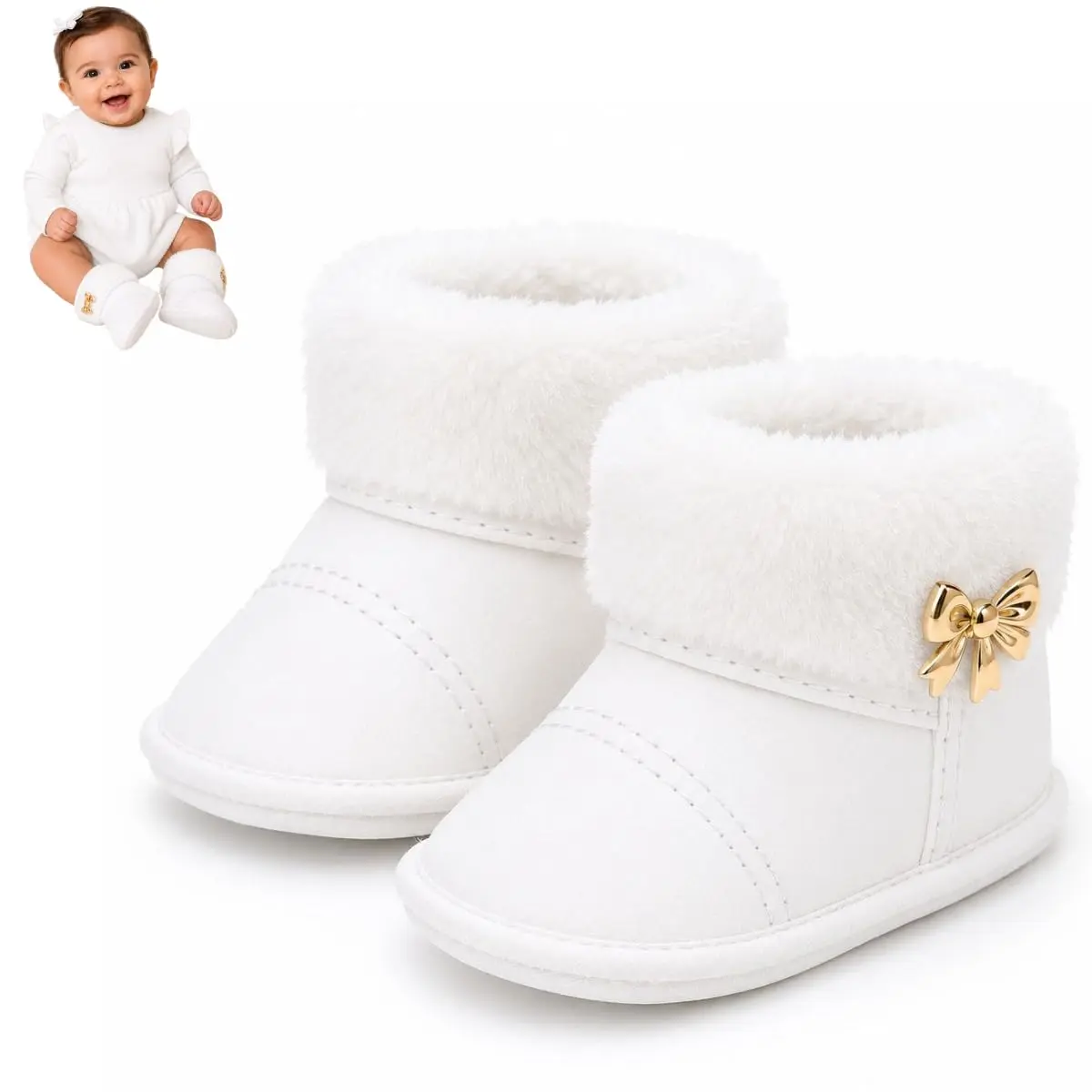 Bota Bebê Menina Inverno Peluciada Luxo Recém Nascido Tam 15/16 Branca | Primeiros Passos, Forro Macio Interno, Solado Antiderrapante, Detalhe Laço Metálico, Cano com Pelúcia