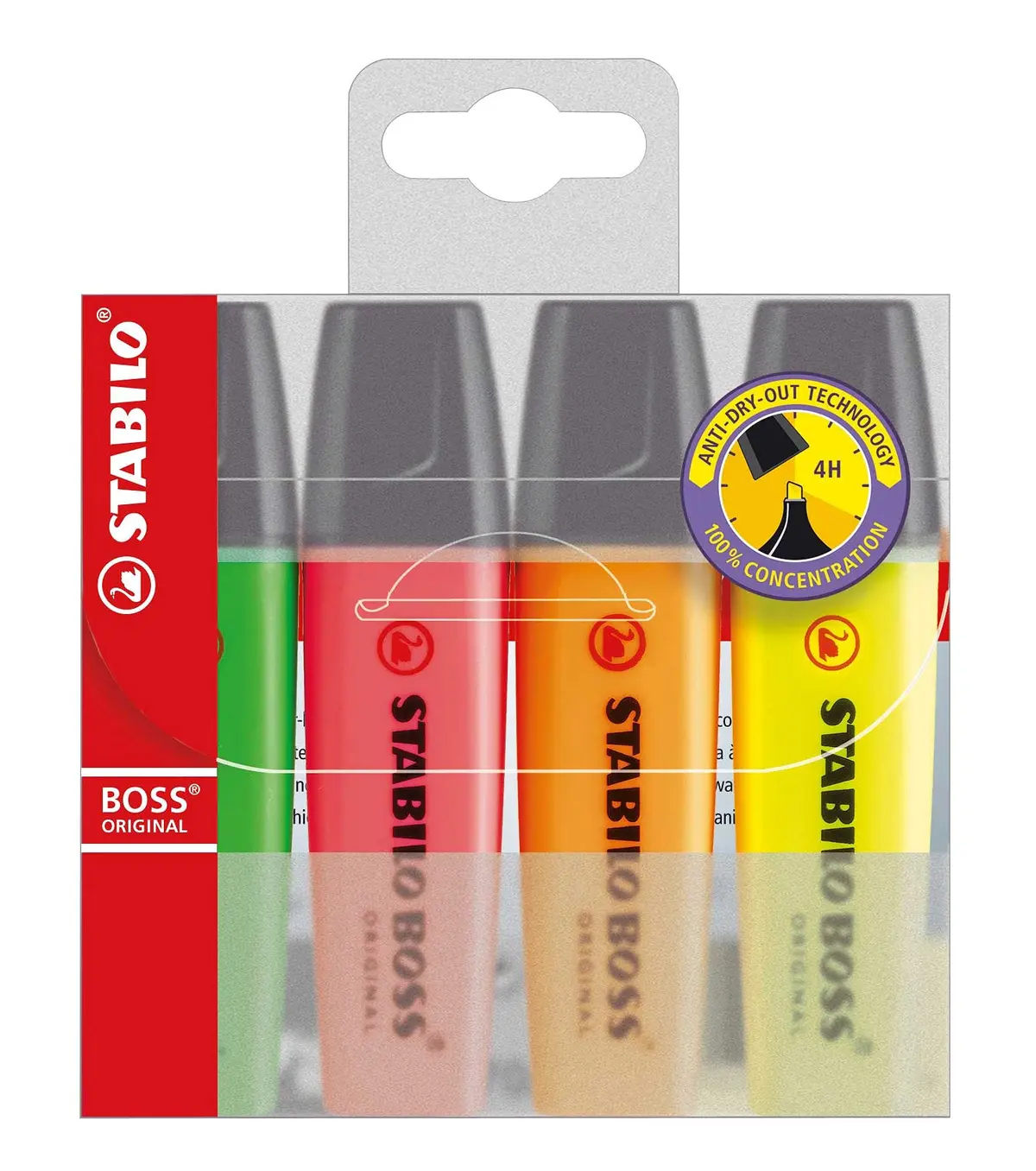 STABILO BOSS ORIGINAL Marca Texto – Estojo com 4 unidades – Em cores clássicas