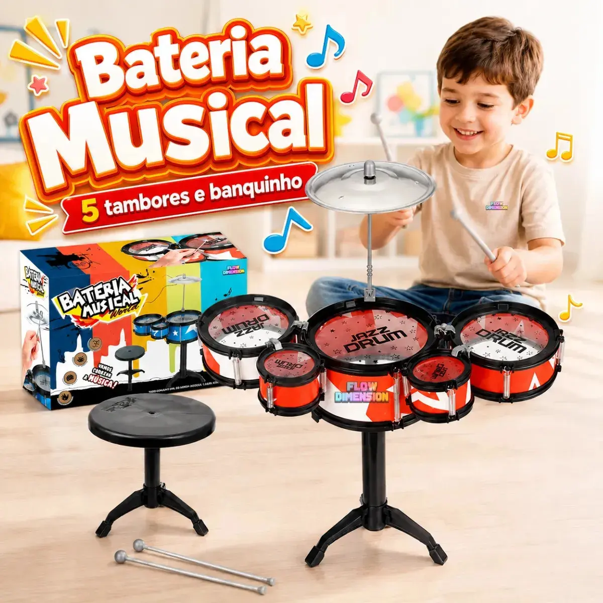 Bateria Infantil Musical 5 Tambores com Banquinho Banco Baquetas Prato Kit Completo Instrumento Musical Brinquedo Crianças Menino Menina Azul Som Ritmo Coordenação Motora Cor laranja Flow Dimension
