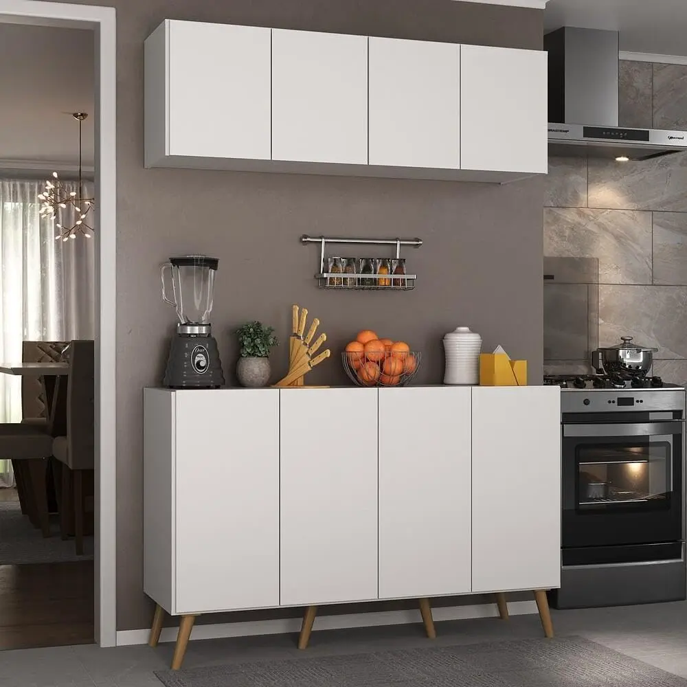 Kit Armário de Cozinha Aéreo e Balcão 4 Portas Retrô Multimóveis Mp2170 Branco/natural - 1
