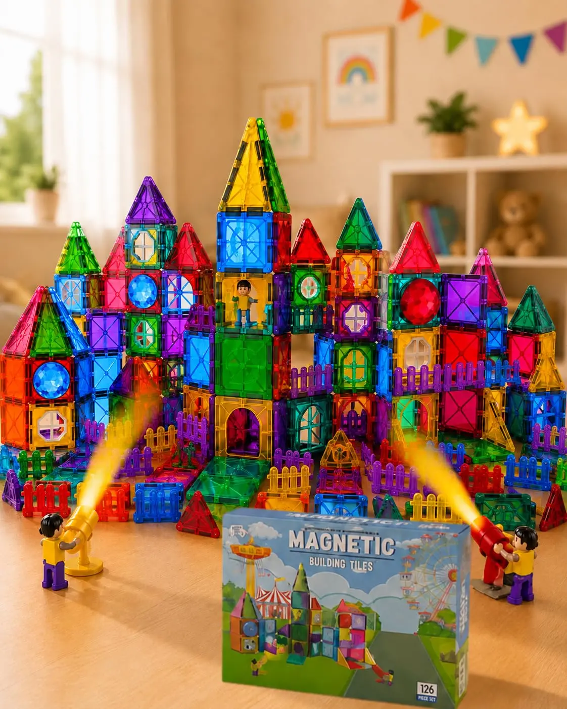 Kit de Blocos Magnéticos de Construção 3D, 126 Peças, Blocos Magnéticos de Castelo Colorido, Brinquedo Educativo STEM para Crianças +3 Anos