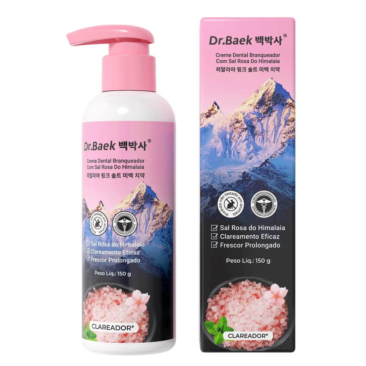 Dr.Baek Creme Dental Clareador 150g com Sal Rosa do Himalaia | Remove Manchas, Clareia os Dentes, Hálito Fresco, Bomba Prática, Sem Flúor