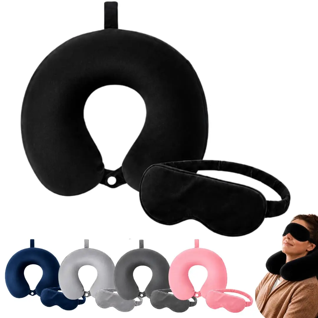Almofada de Pescoço C/Espuma de Memória e Máscara para Olhos | Preto | Conforto e suporte para pescoço em viagens e momentos de descanso. Acompanha máscara para olhos para maior comodidade.