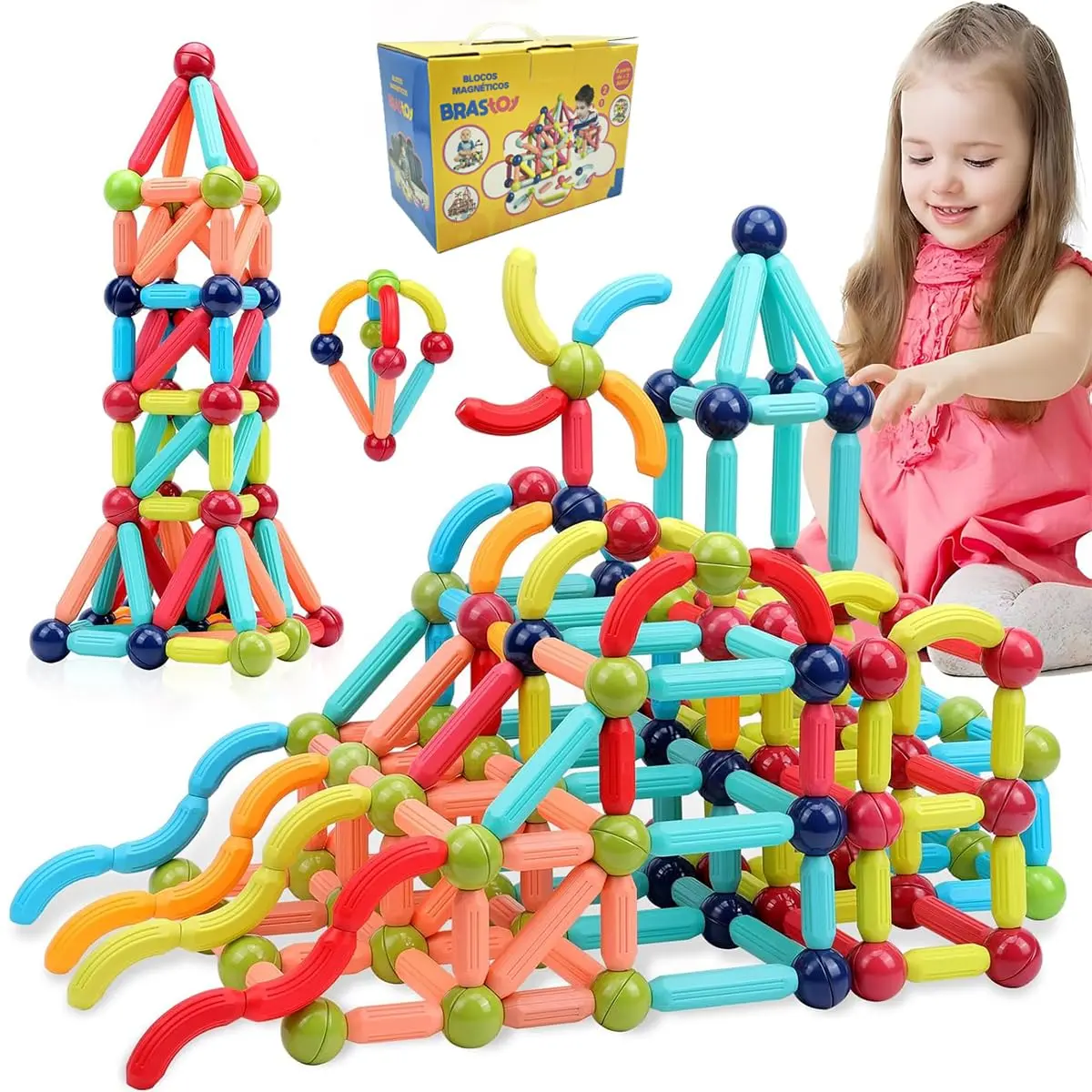 Blocos de Montar Construção Magnéticos STEM Brinquedo Infantil (128 Peças Bastões e Bolas)