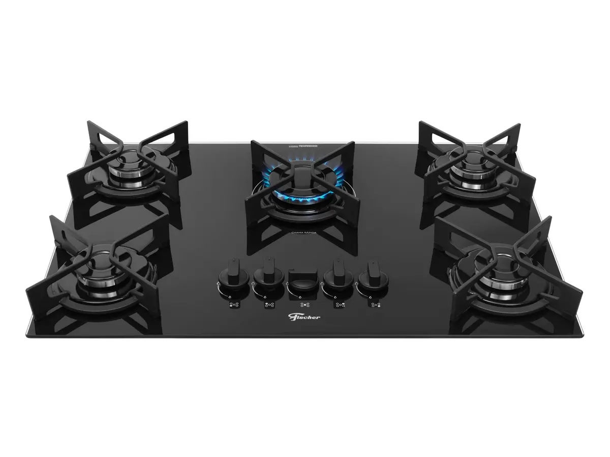 Fischer Cooktop à Gás 5 Bocas Fit Line Trempe Iron Mesa Vidro Preto Bivolt 36325-102672