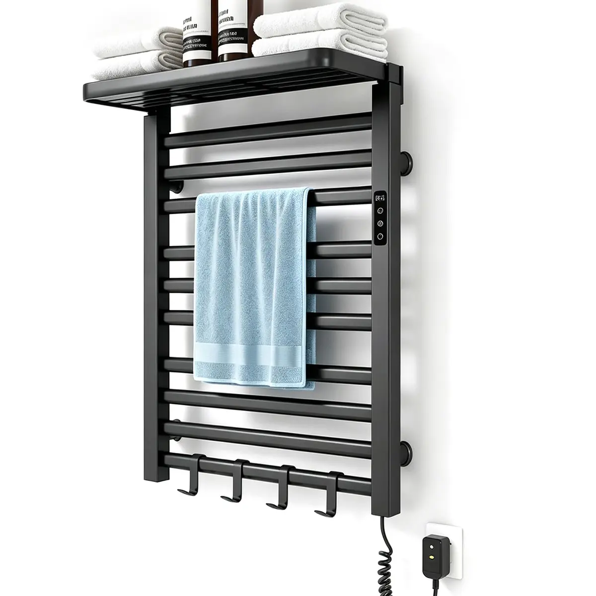 Toalheiro Termico,Toalheiro Elétrico Aquecido 220V para Banheiro – Design de Parede em Aço Inoxidável com 11 Barras e Alta Capacidade,Temporizador LED Integrado,Conexão via Tomada e Aquecimento Rápido