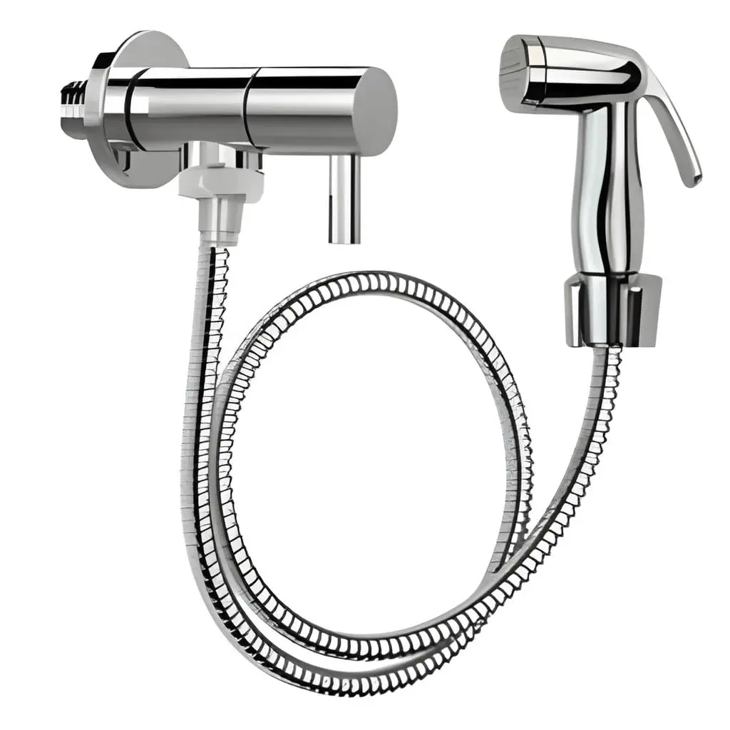 Kit Ducha Higiênica Completa Luxo, Registro Saída Dupla, Mangueira 1,20m, Acabamento Escovado Prata, Montagem Parede