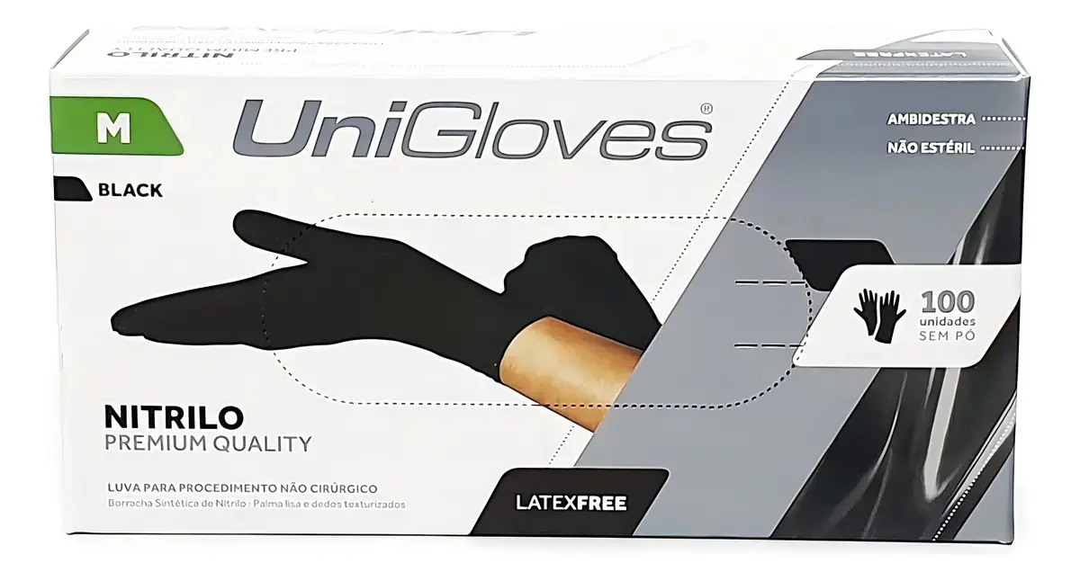 Luva Nitrílica UniGloves Preta M Antiaderente c/ 100 Unidades