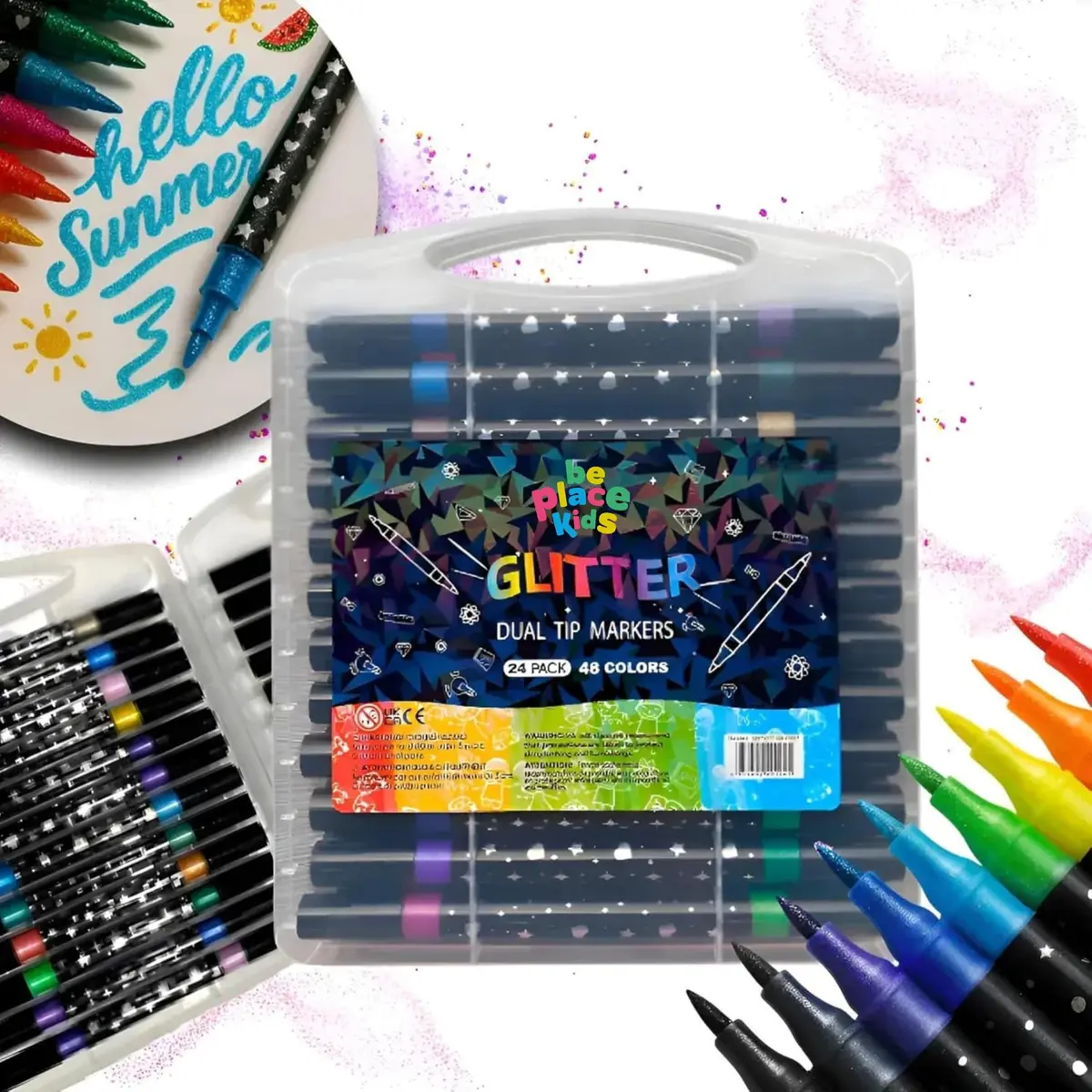 be place kids Canetinhas Glitter Ponta Dupla, Marcadores Coloridos para Desenho, Escrever, Lettering e Artes (48 cores)
