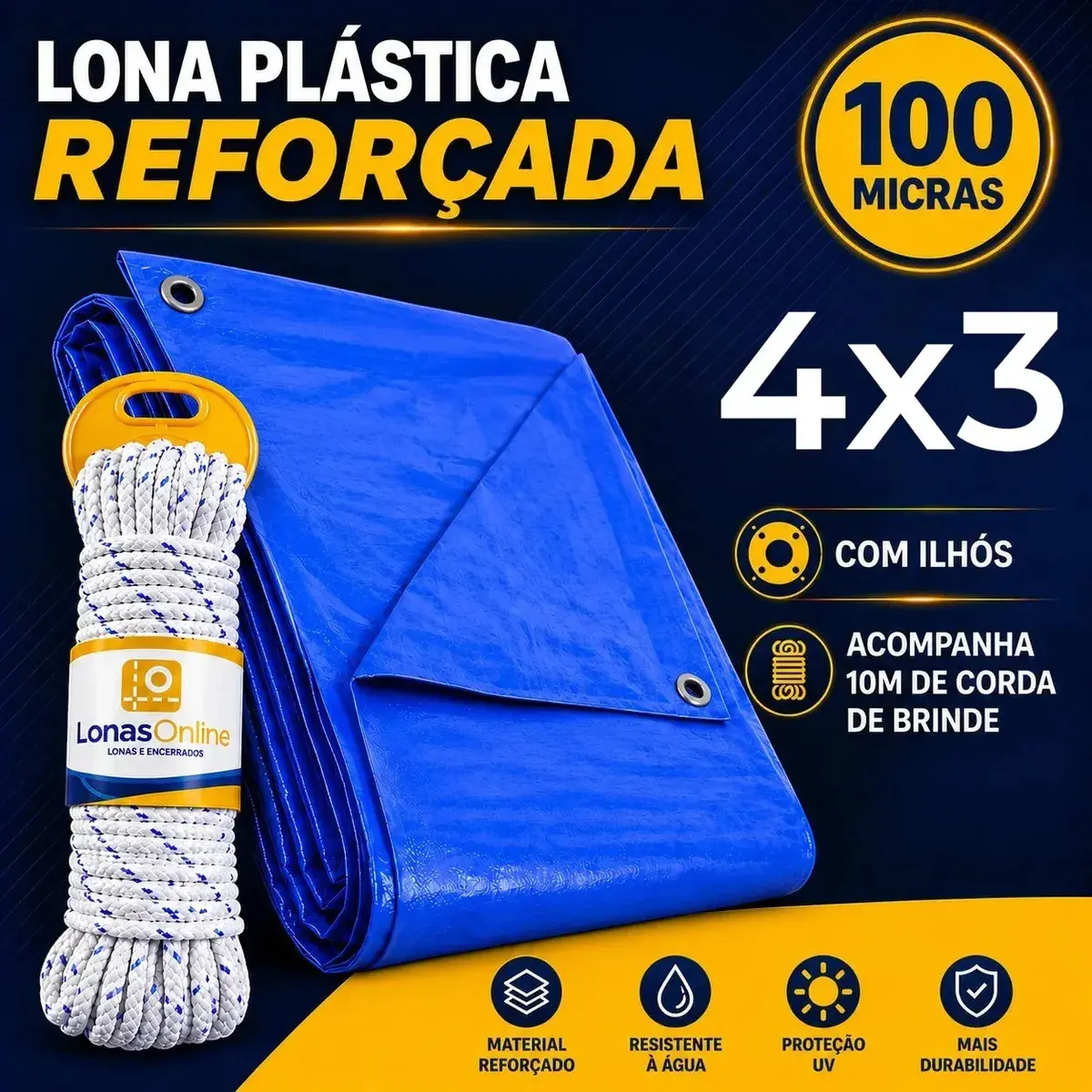 Lona Plástica Azul 4x3 Com Corda Impermeável Reforçada