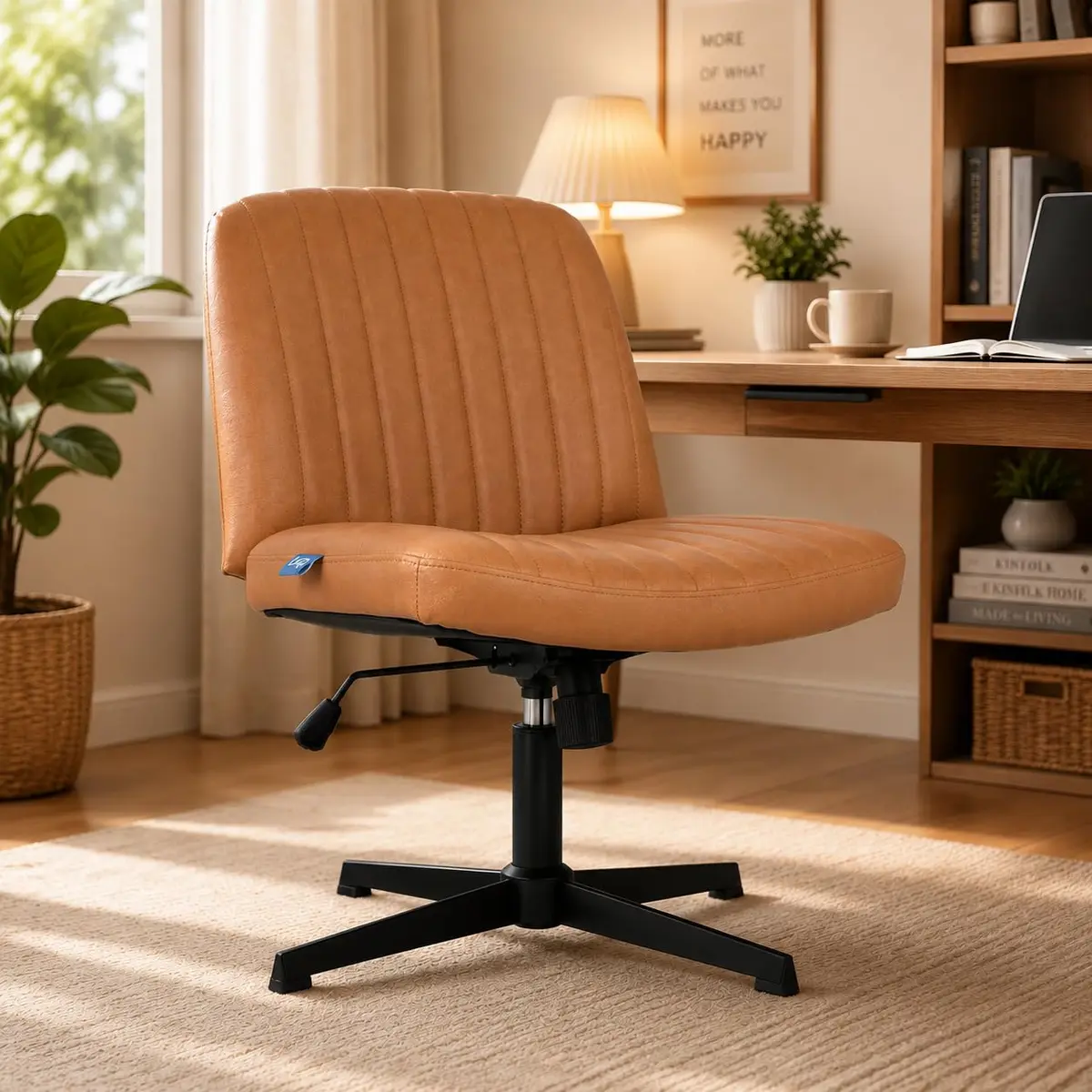 Cadeira Escritório DT3 Dolly, Criss Cross Cosy Chair, Original, Assento Extra Grande e Largo, Leisure, Penteadeira, Escrivaninha. (PU, Caramelo)