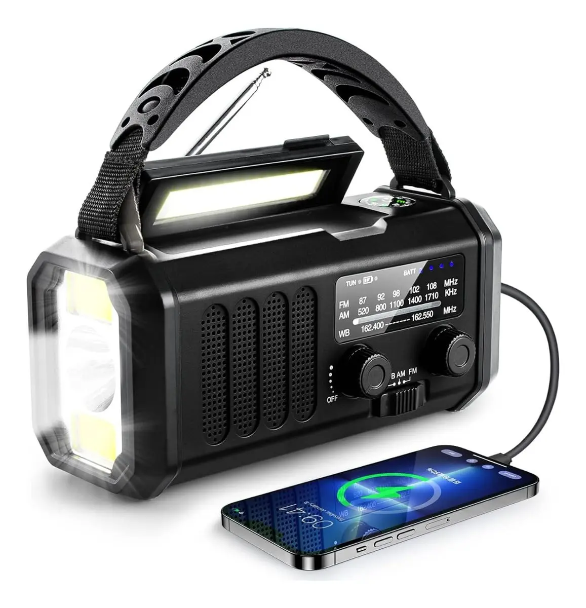 Rádio de emergência com manivela, rádio AM/FM com energia solar de 10000mAh e função meteorológica,bateria externa recarregável via USB-C para situações de sobrevivência em acampamentos(Preto)