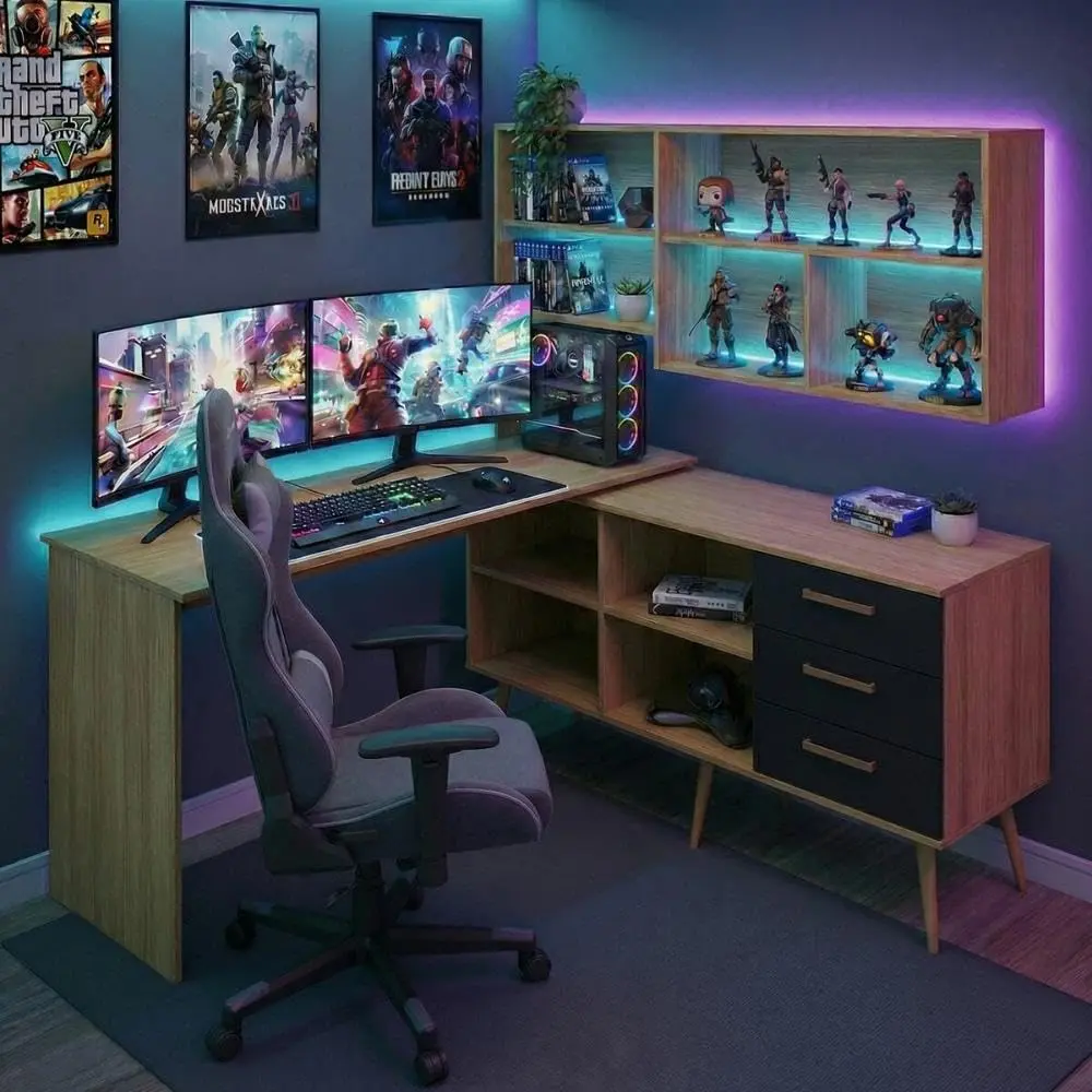 Mesa Gamer em L para Computador com 3 Gavetas Nexus Multimóveis Mp6048 Madeirado/preto