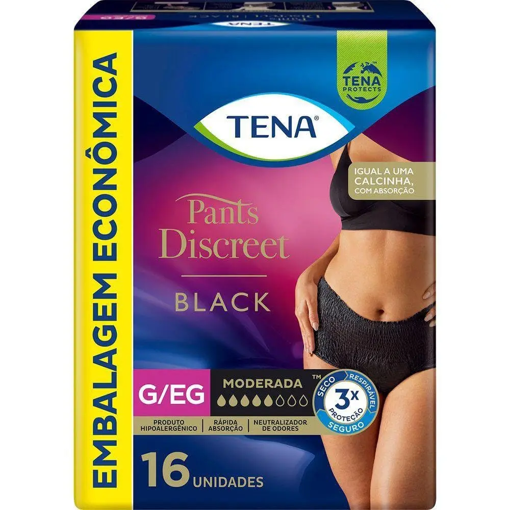 Tena Pants Discreet Calcinha Descartável Preta G/EG 16 unidades