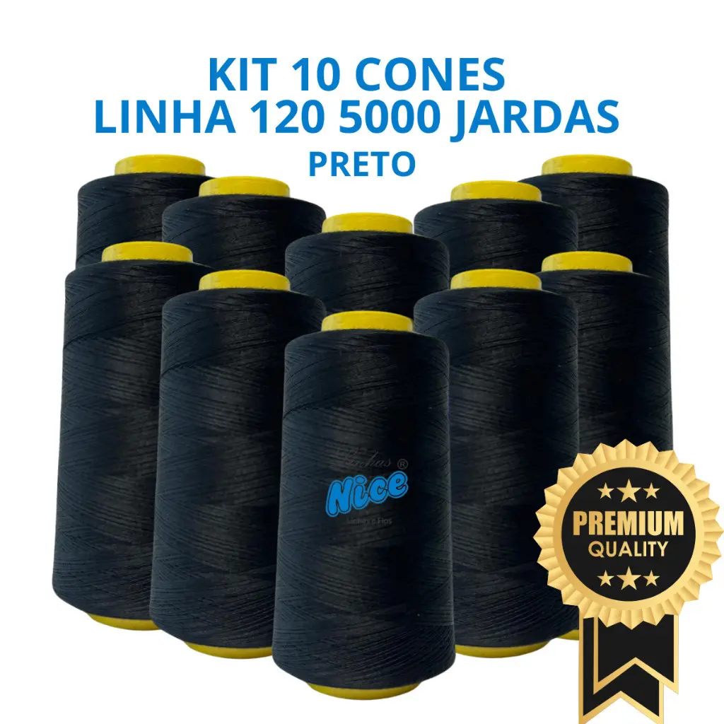 Kit 10 Linhas 120 Para Costura Cor Preta - 5 Mil Jardas
