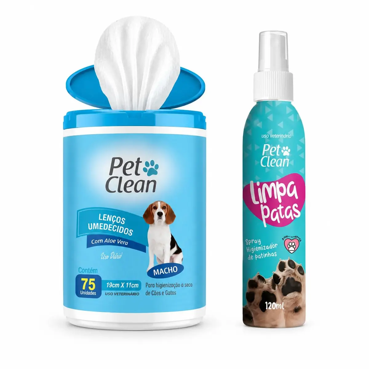 Kit Higiene Pet Cães e Gatos Lenços 75un + Limpa Patas Spray 120ml | Limpeza a Seco de Patas, Pelos e Orelhas | Lenços Umedecidos com Aloe Vera e Lanolina | Ajuda a Remover Sujeiras e Odores
