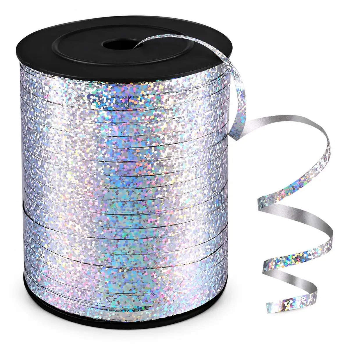 Fitilho Metalizado Holográfico Prata 200m Decoração de Festas e Balões | Rolo com 200 metros de fitilho holográfico resistente para laços de balões