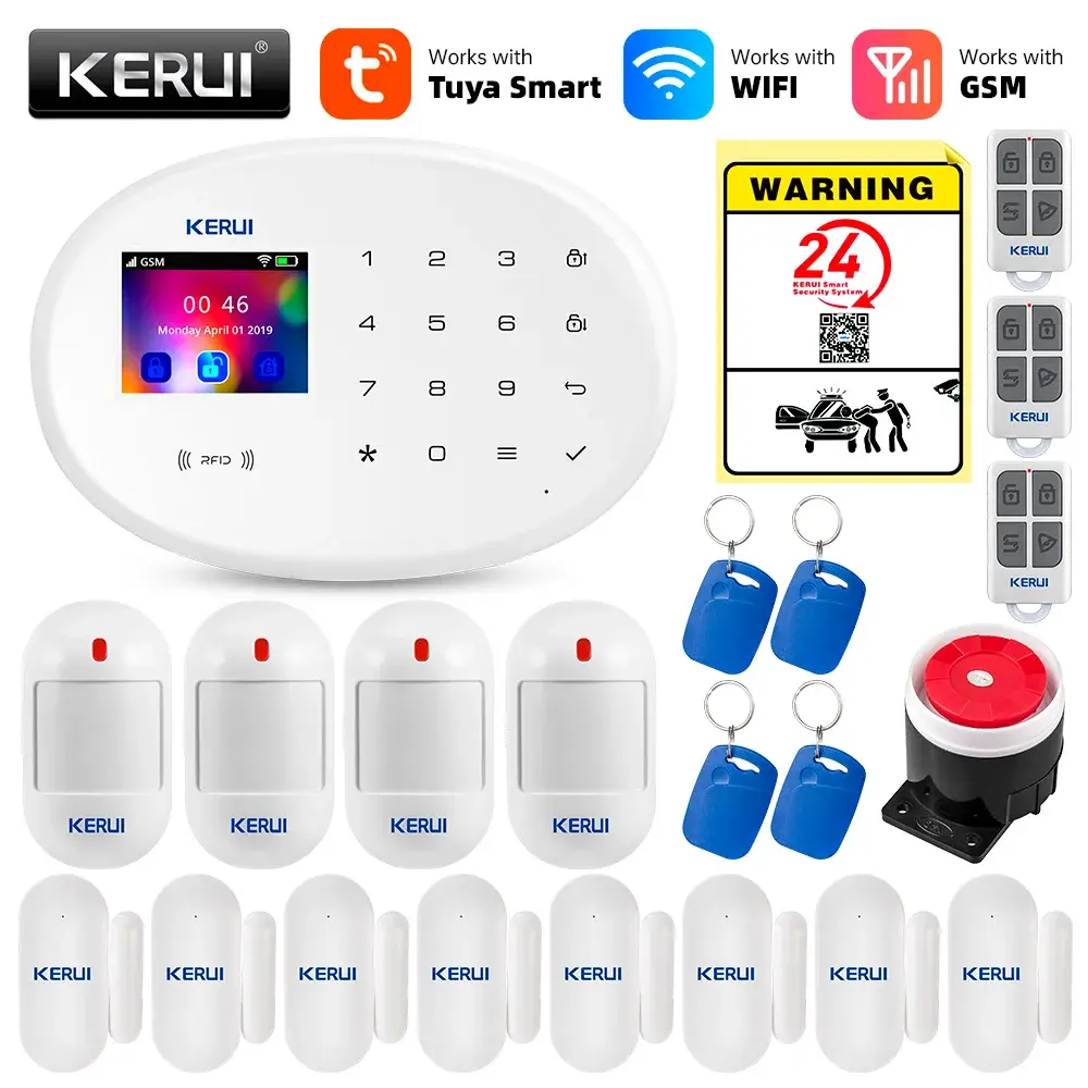 Kerui tuya inteligente wifi gsm sistema de alarme funciona com alexa segurança em casa sem fio 433mhz alarme contra roubo porta janela sensor detector - 1