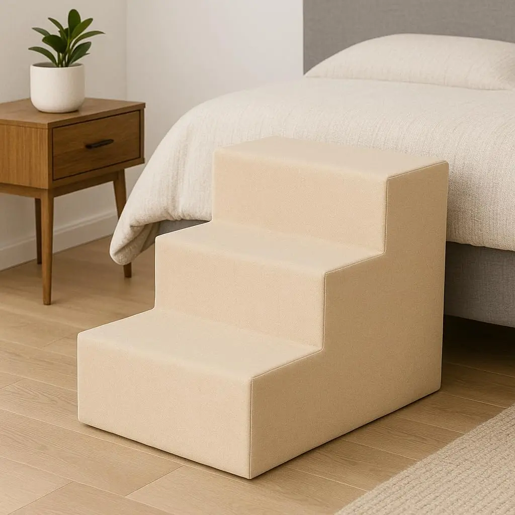 Escadinha Pet 45cm em Suede com Degraus Reforçados para Cama e Sofá, Bege | Reduz o impacto ao subir e descer de móveis altos, prolongando a saúde das articulações. Material: Suede de alta resistência