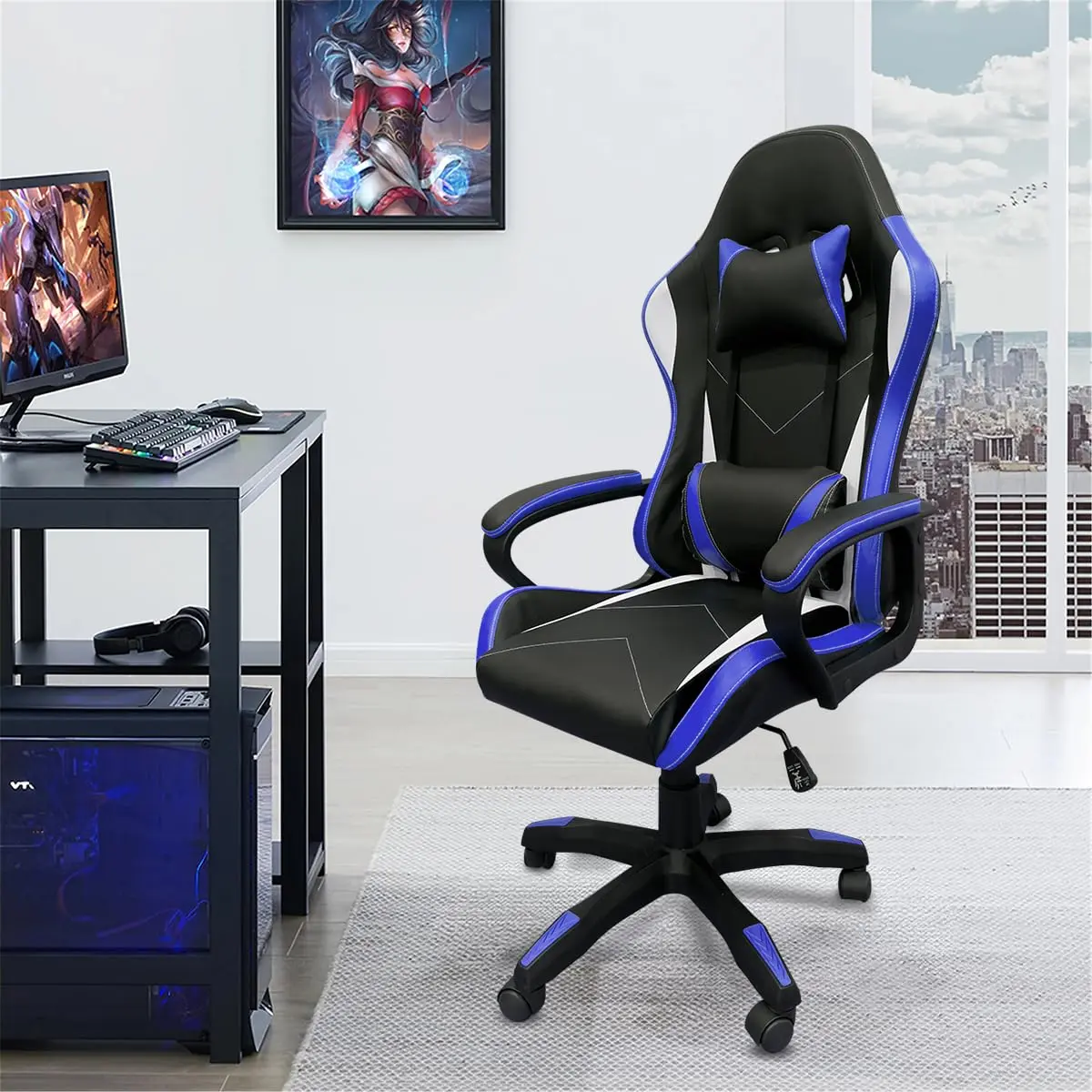 Cadeira de jogos com encosto alto, apoios de braços fixos em quatro pontos, altura ajustável (Azul)