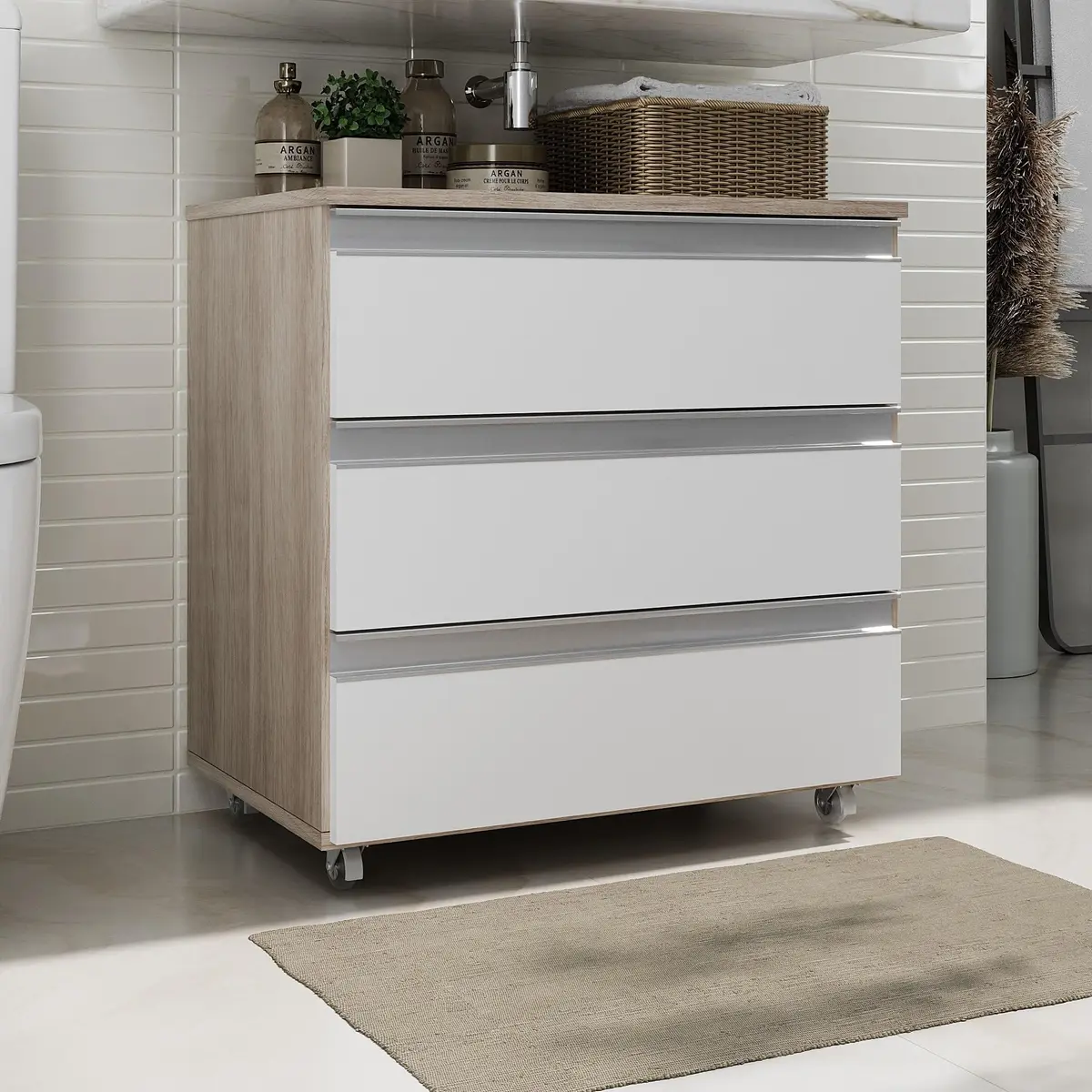 Gabinete Banheiro JOIA 60cm Rodinhas Puxador Aluminio Madeirado/Branco