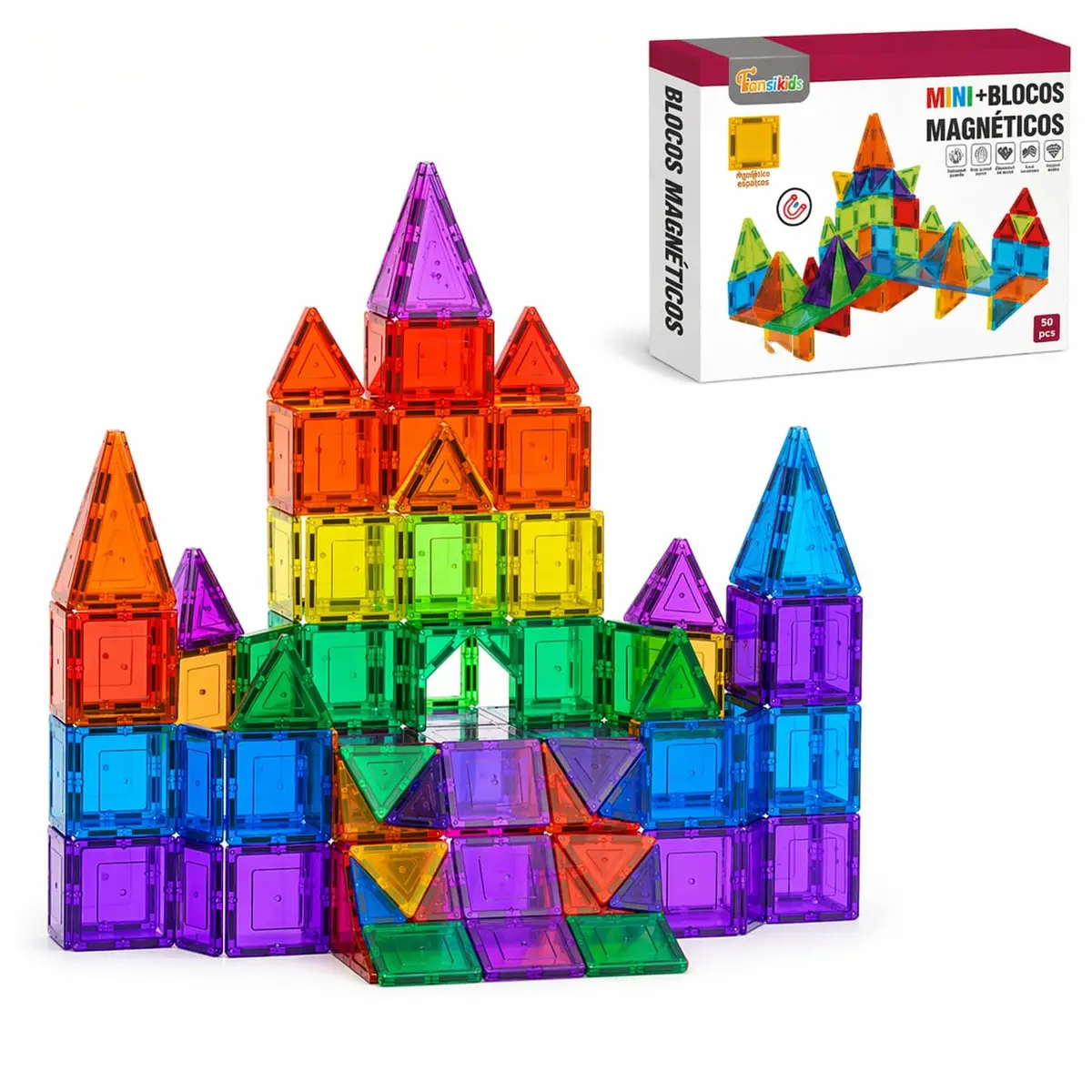 Mini Blocos Magnéticos Infantil de Montar 50 Peças Brinquedo Educativo STEM | Jogo pedagógico de construção 2D e 3D para coordenação motora, raciocínio lógico, criatividade e aprendizado STEM.
