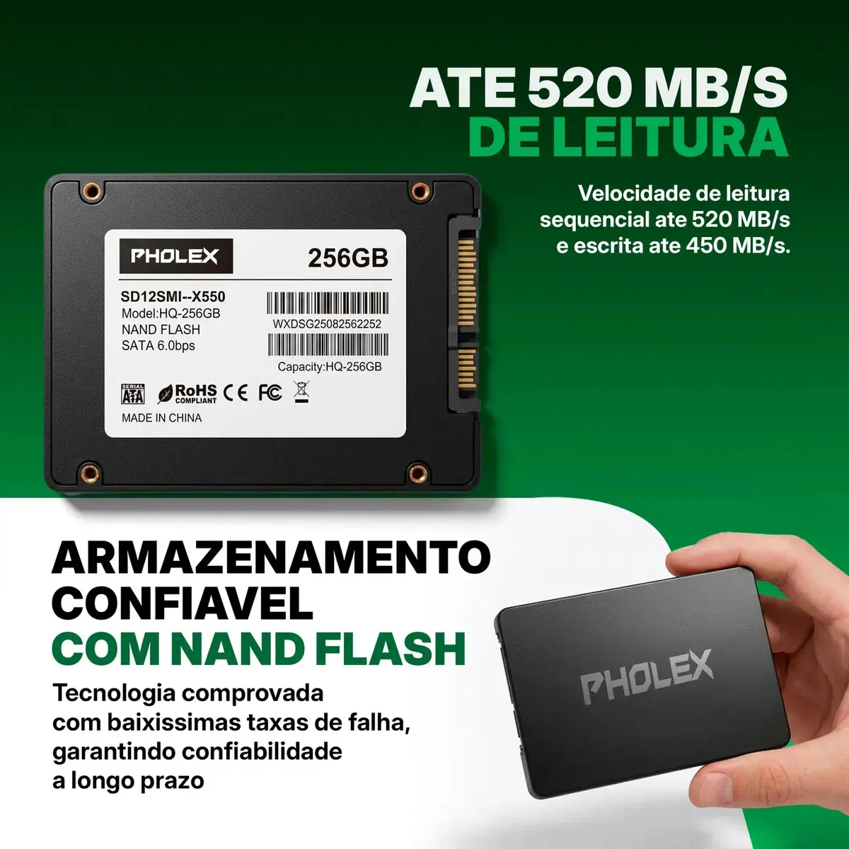 Ssd 256gb Notebooks Desktops Armazenamento Interno Sata Iii 2.5 Leitura Até 500mb/s Pholex thumbnail 3