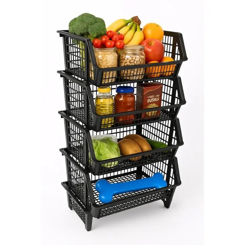 Kit Cesto Cestao Empilhavel Preto Expositor Reforçado Organizador Estoque Dispensa Loja 20x44cm organizador de cozinha Para Dispensa, Loja, Estoque, Cozinha e Área de Serviço(4 cestos) - 1