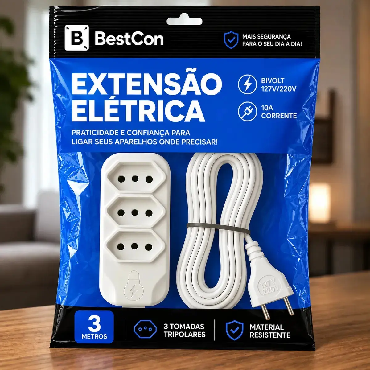 Extensão Elétrica 3 Metros com 3 Tomada Bivolt Branco Bestcon