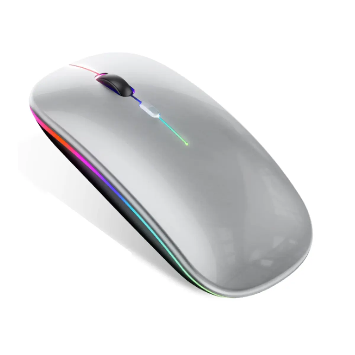 Mouse sem Fio Recarregável Tec Quality, Bluetooth e Receptor USB 2,4 GHz, Clique Silencioso, 3 Níveis de DPI, LED RGB, Fino e Leve, para Notebook, PC, Tablet e Celular (Cinza)