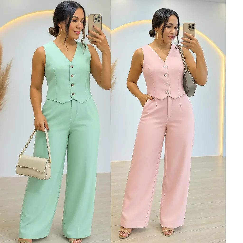 CONJUNTO FEMININO ESTILOSO E ELEGANTE EN CORES DE VERÃO EM ,CALÇA +COLETE - 1