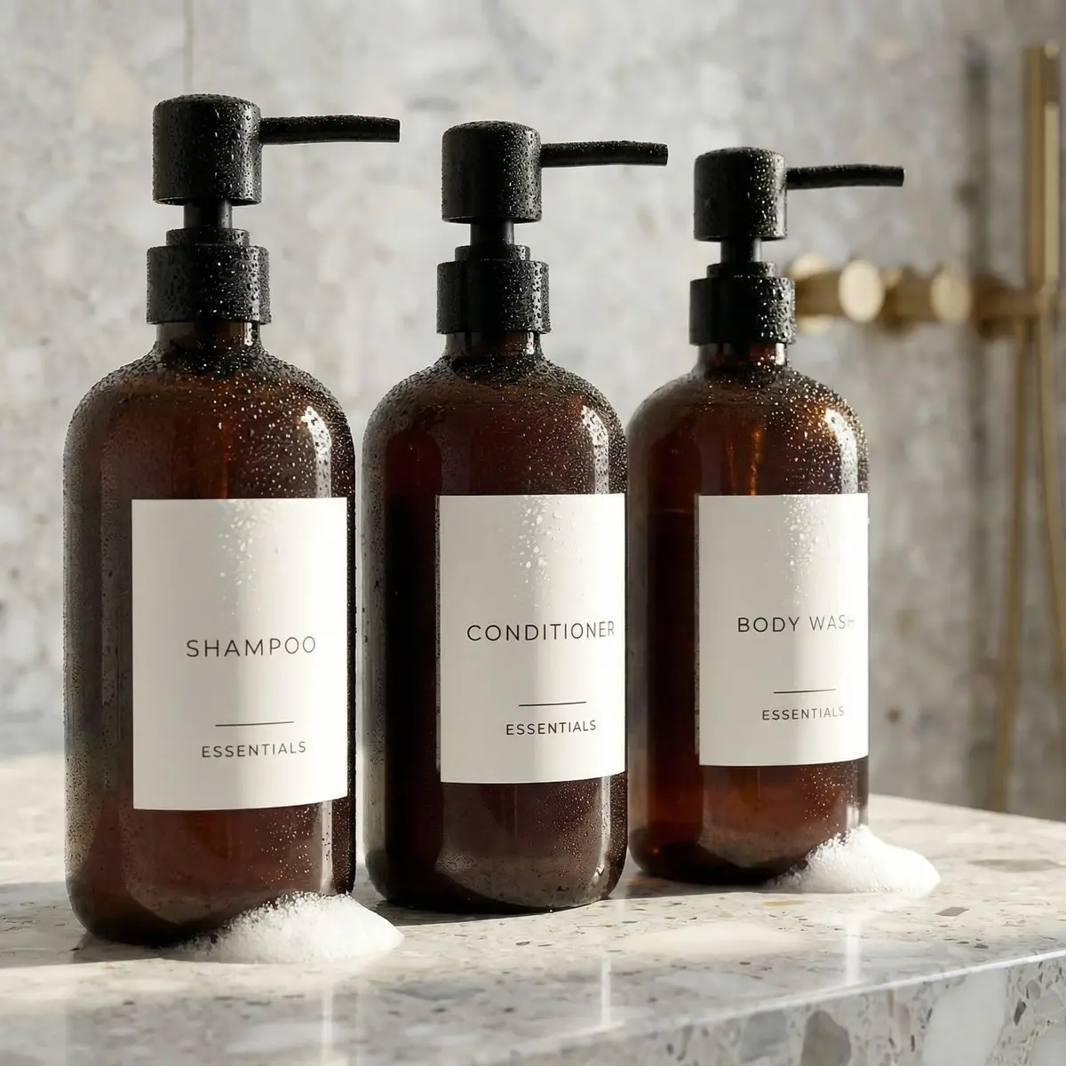 Conjunto de 3 dispensadores de xampu e condicionador estilosos – Frascos modernos de 600 ml com bomba e etiquetas – Dispensadores de sabonete corporal fáceis de encher para uma atualização instantânea