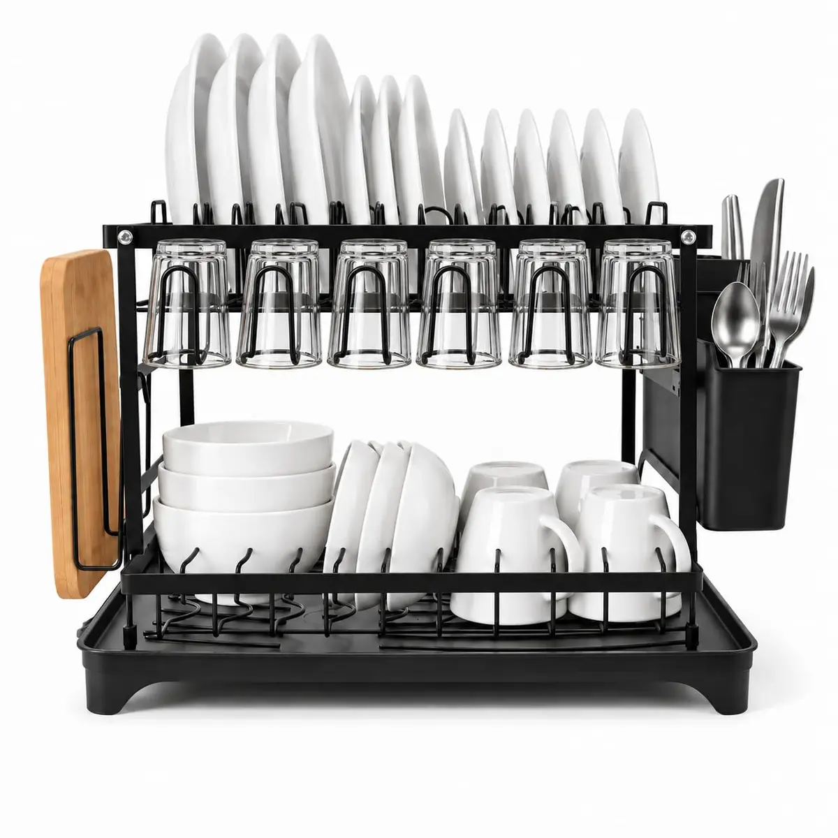 Escorredor de Louça Aço Inox Preto 2 Andares com Porta Copo e Talheres | Suporte de Escoamento de Água; Aço Inoxidável; Porta Talheres; 2 Andares; Porta Copos; Bandeja