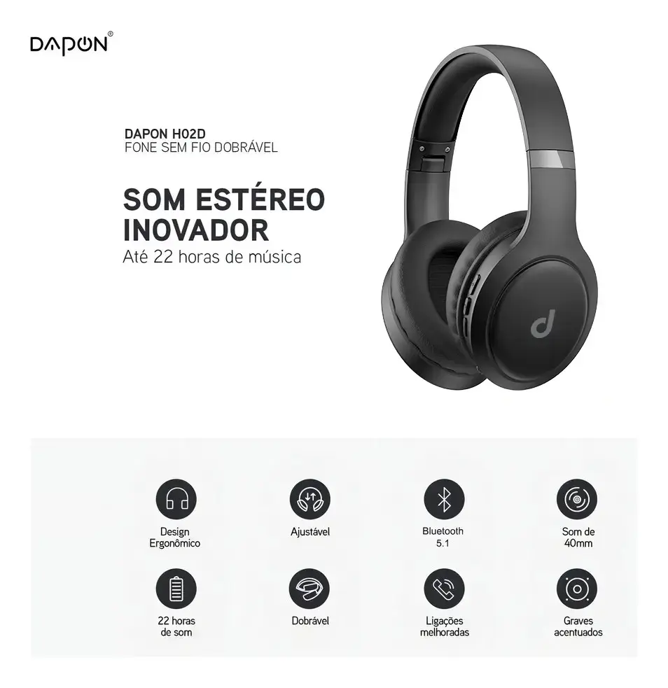 Fone De Ouvido Headphone Dapon H02D Bluetooth 5.1 Over-ear 22h Preto thumbnail 8