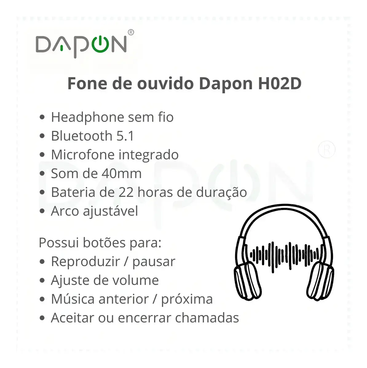 Fone De Ouvido Headphone Dapon H02D Bluetooth 5.1 Over-ear 22h Preto thumbnail 10