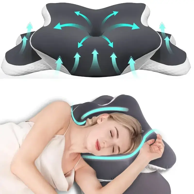 Almofada Ergonômica de Espuma Viscoelástica Borboleta para Pescoço, Formato C/Altura Dupla Ajustável, Suporte com Capa Transparente - Para Dormir de Lado/De Costas/Com Almofada