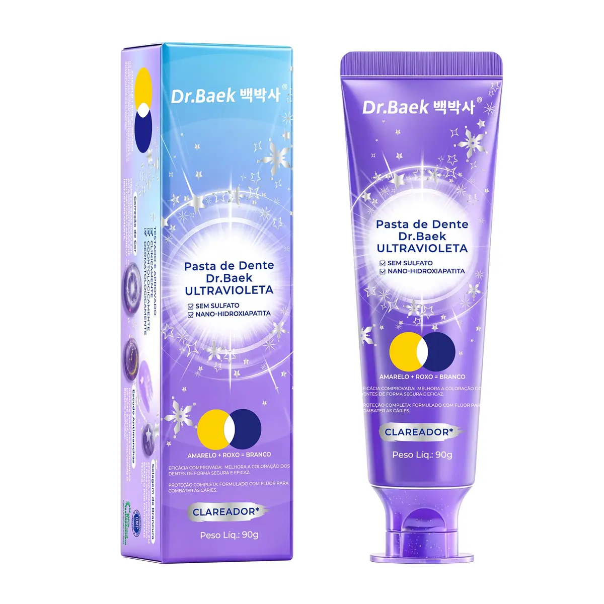 Dr.Baek Pasta de Dente Ultravioleta 90g, 1 Unidade | Clareadora, Sem Sulfato, Nano-Hidroxiapatita, Proteção com Flúor