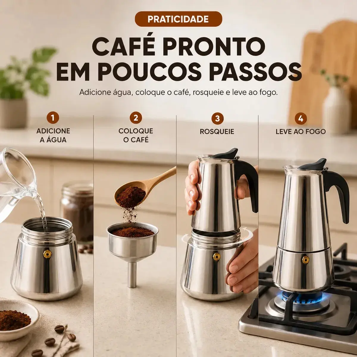 Cafeteira Italiana Moka inox 6 Xícaras Café Expresso Espresso Para Fogão Manual Tradicional Resistente 300 Ml Casa Premium Sólar thumbnail 3